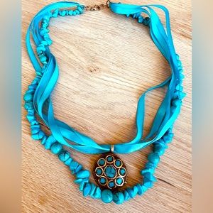 Turquoise Blue Stones with Gold & Ribbon Accent layered Necklace